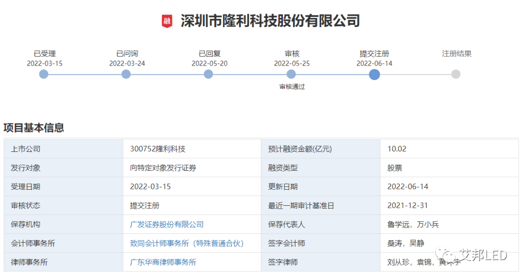 隆利科技10.02亿元募资项目提交注册，资金将用于Mini-LED显示模组基地建设